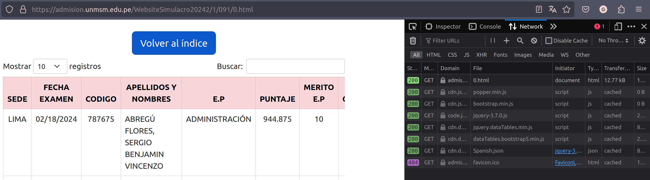 ejemplo de peticiones realizadas al momento de cargar una web
