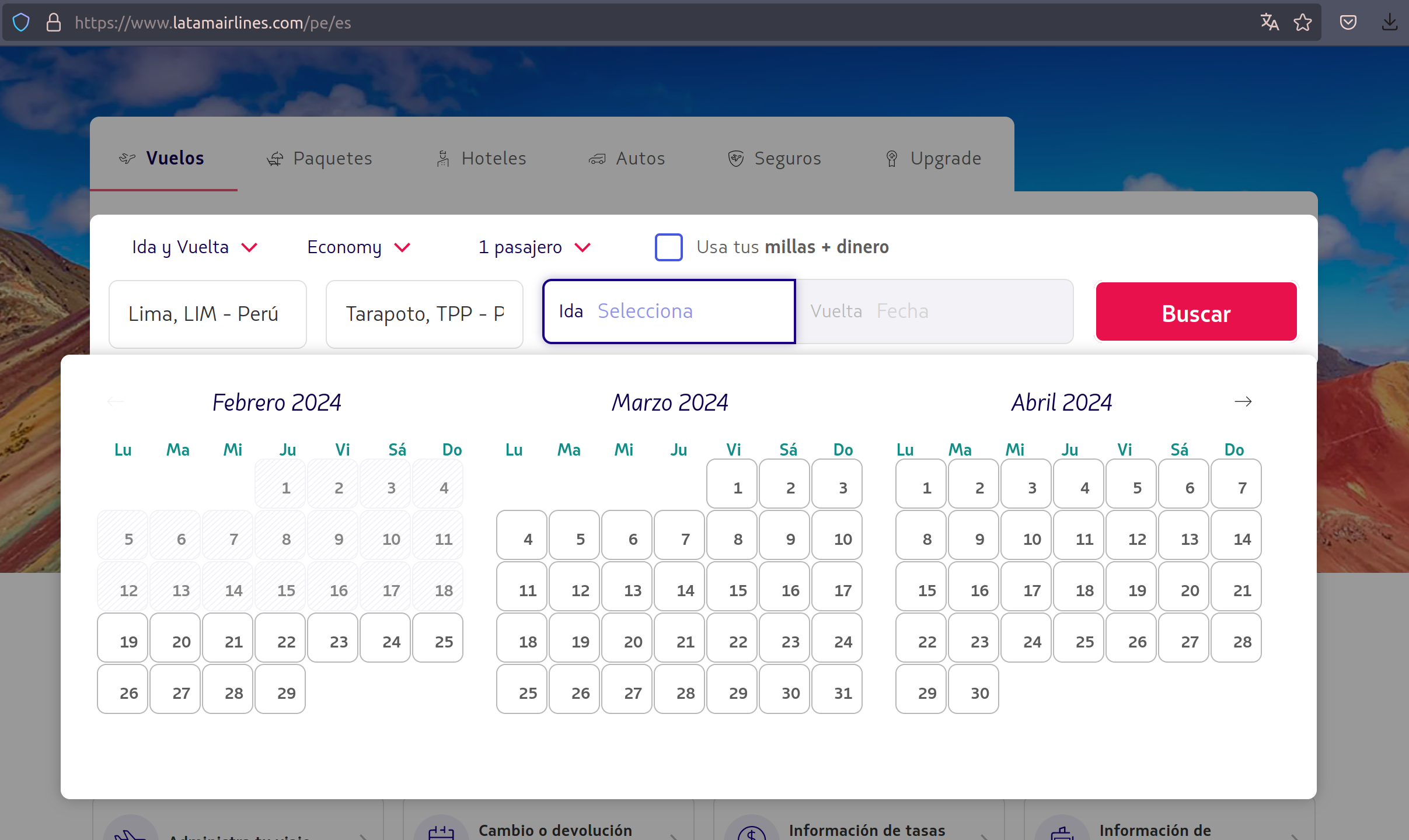 Formulario de una aerolina para poder ver los vuelos de Lima a Tarapoto