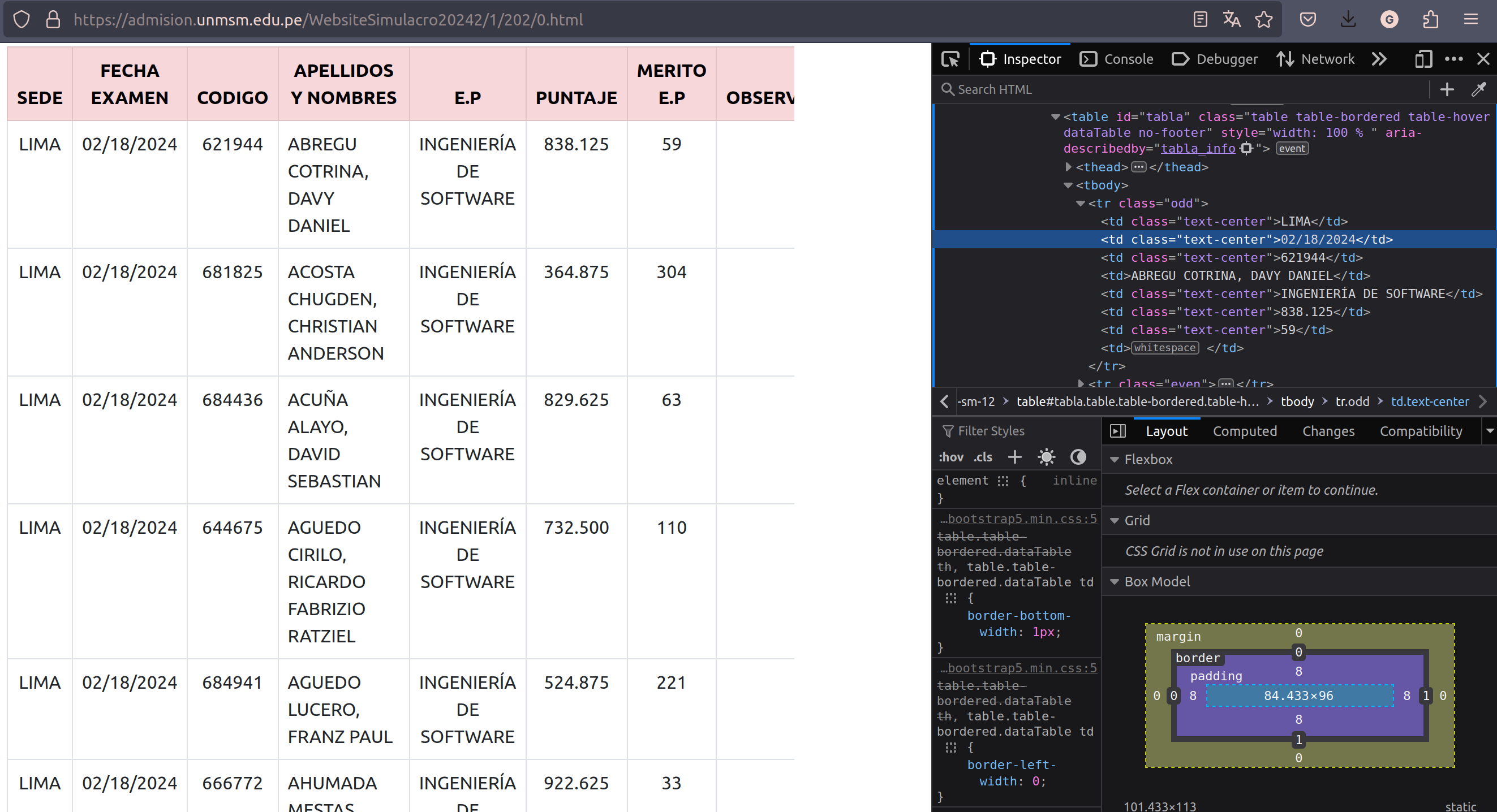 Resultados de un examen de admisión ordenados en una tabla